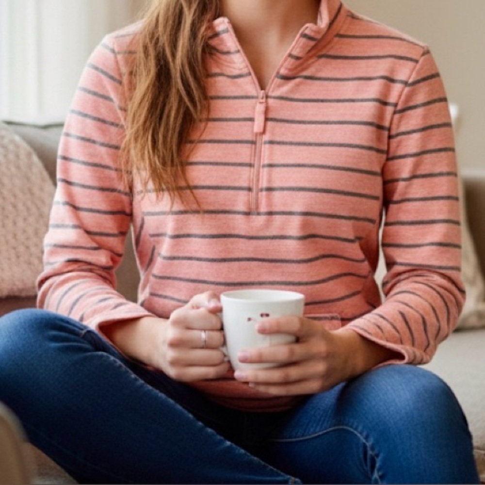 T by Talbots Peach and Gray Striped 3/4 Zip Pullover - Size S Petite